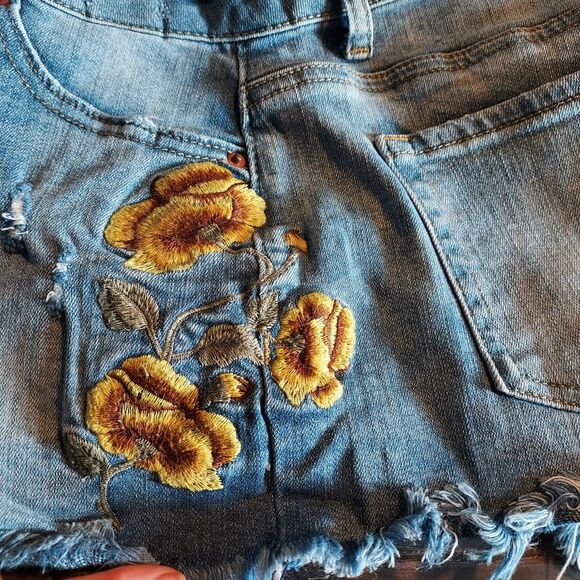 Vanilla Star Blue Jean Shorts with Yellow Embroidery - Picture 3 of 14